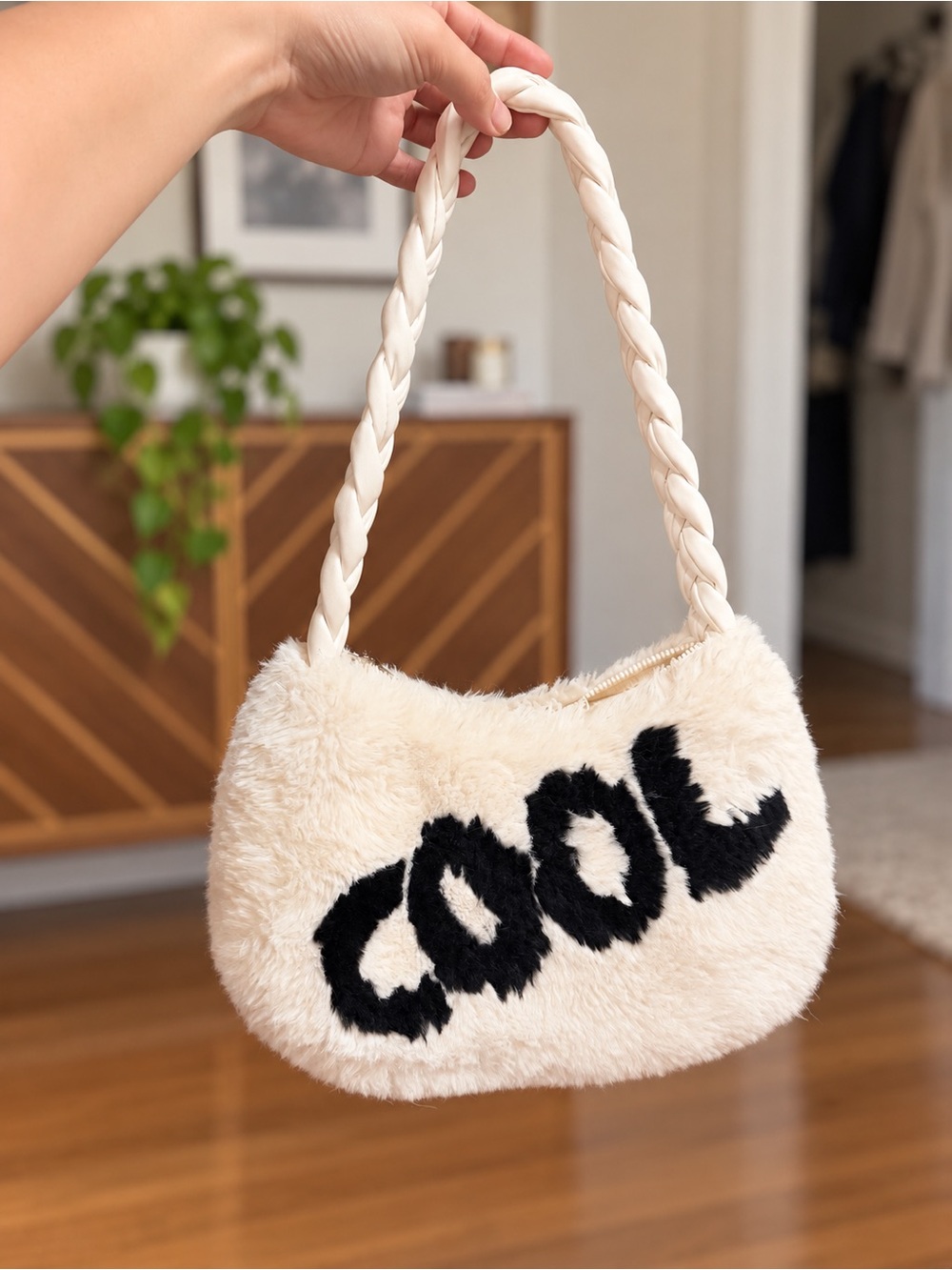 Cream Faux-Fur Shoulder Bag with Black Script